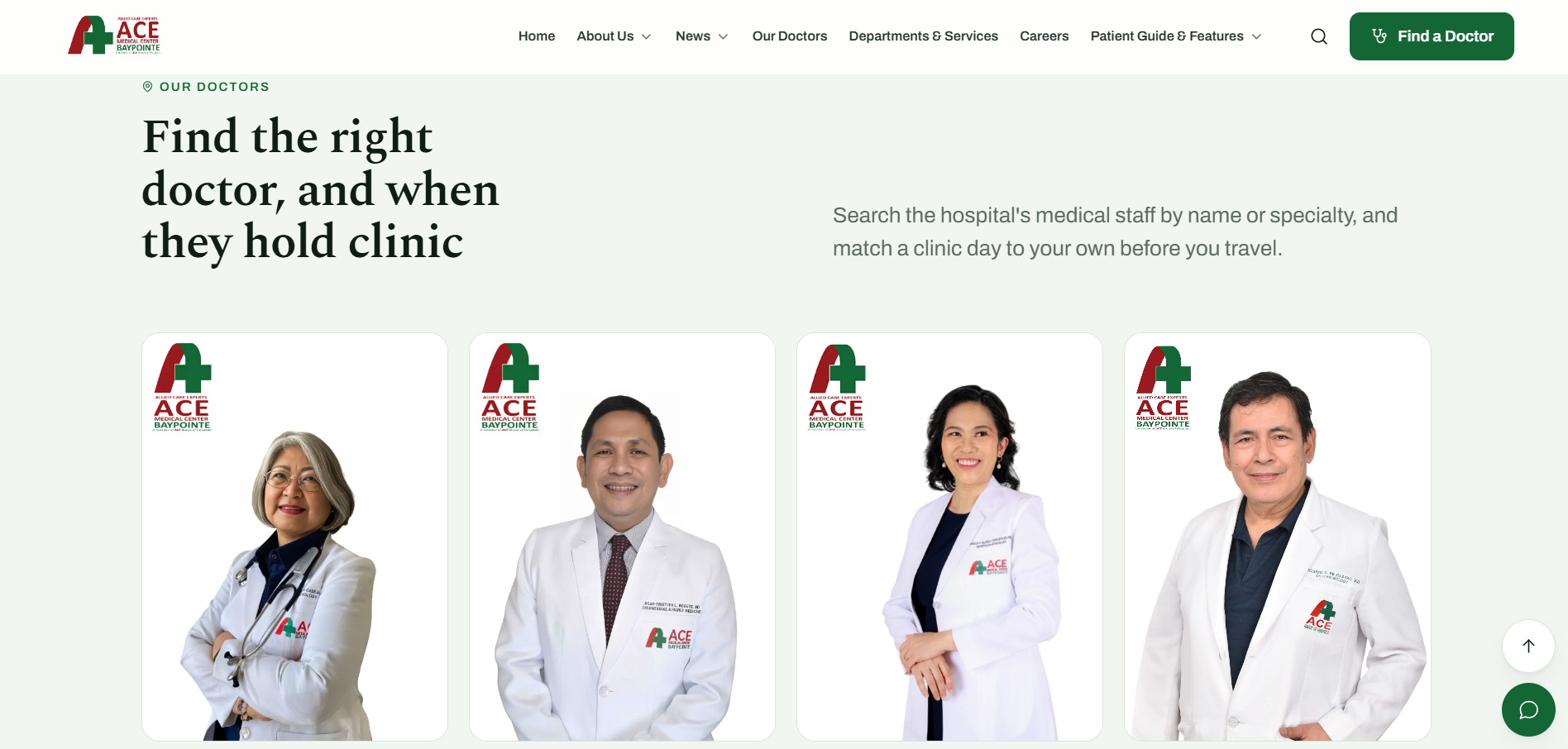 AceBaypointe doctor directory searchable by specialty and clinic day