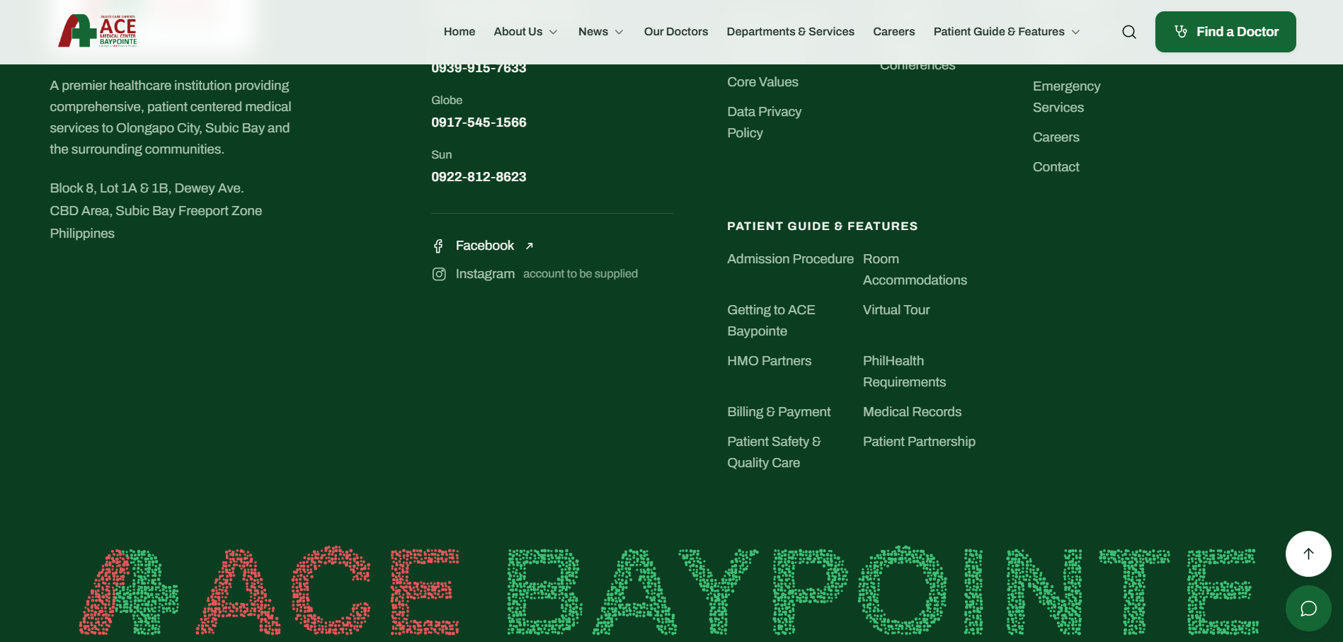 AceBaypointe footer with contact details and site index