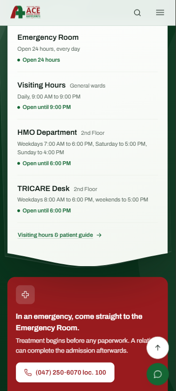 AceBaypointe visiting hours and department status on mobile