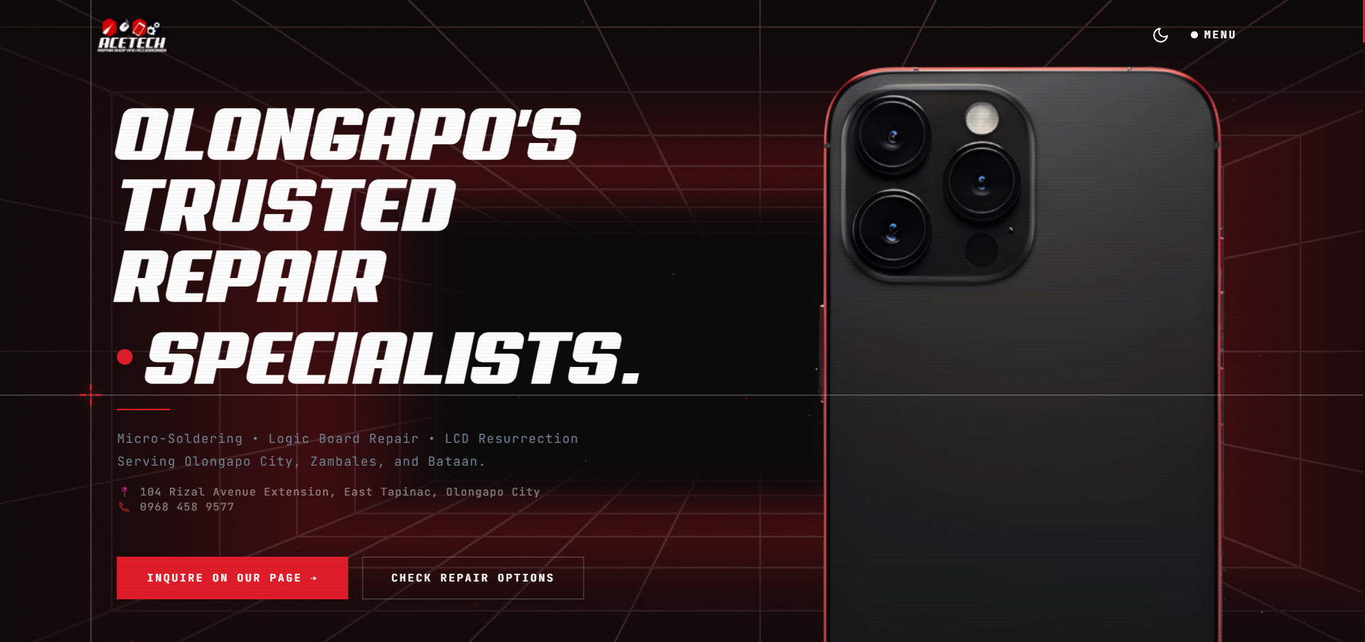 AceTech desktop hero screenshot with a futuristic repair aesthetic