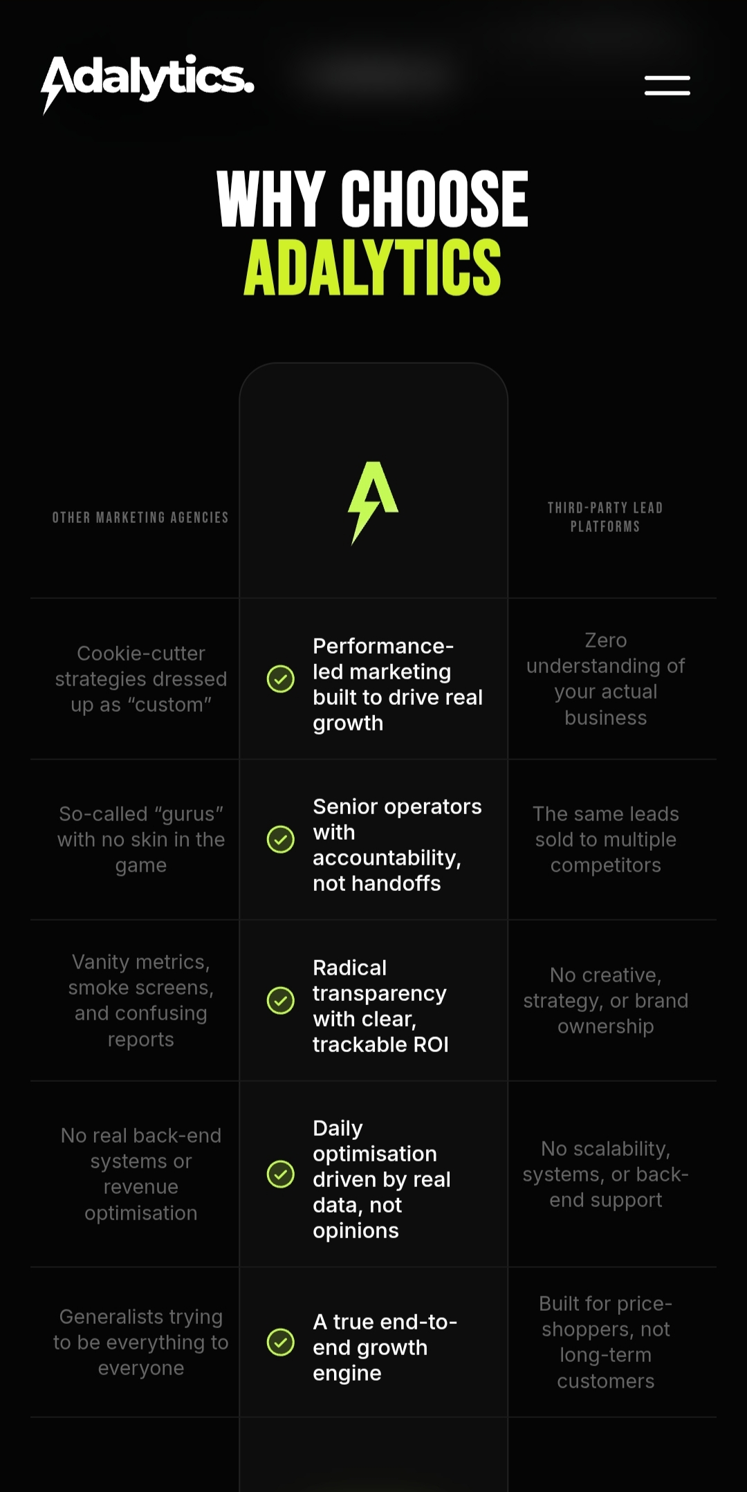 Adalytics comparison section on mobile