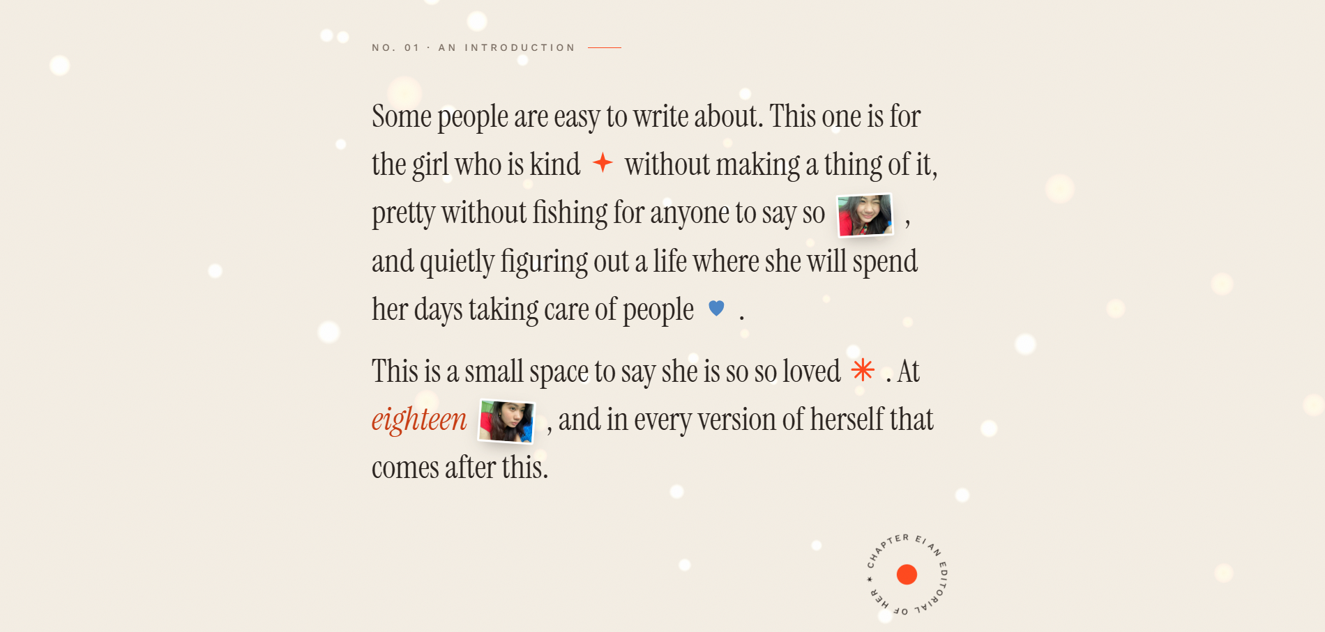 Angelique introduction section with a handwritten-style tribute