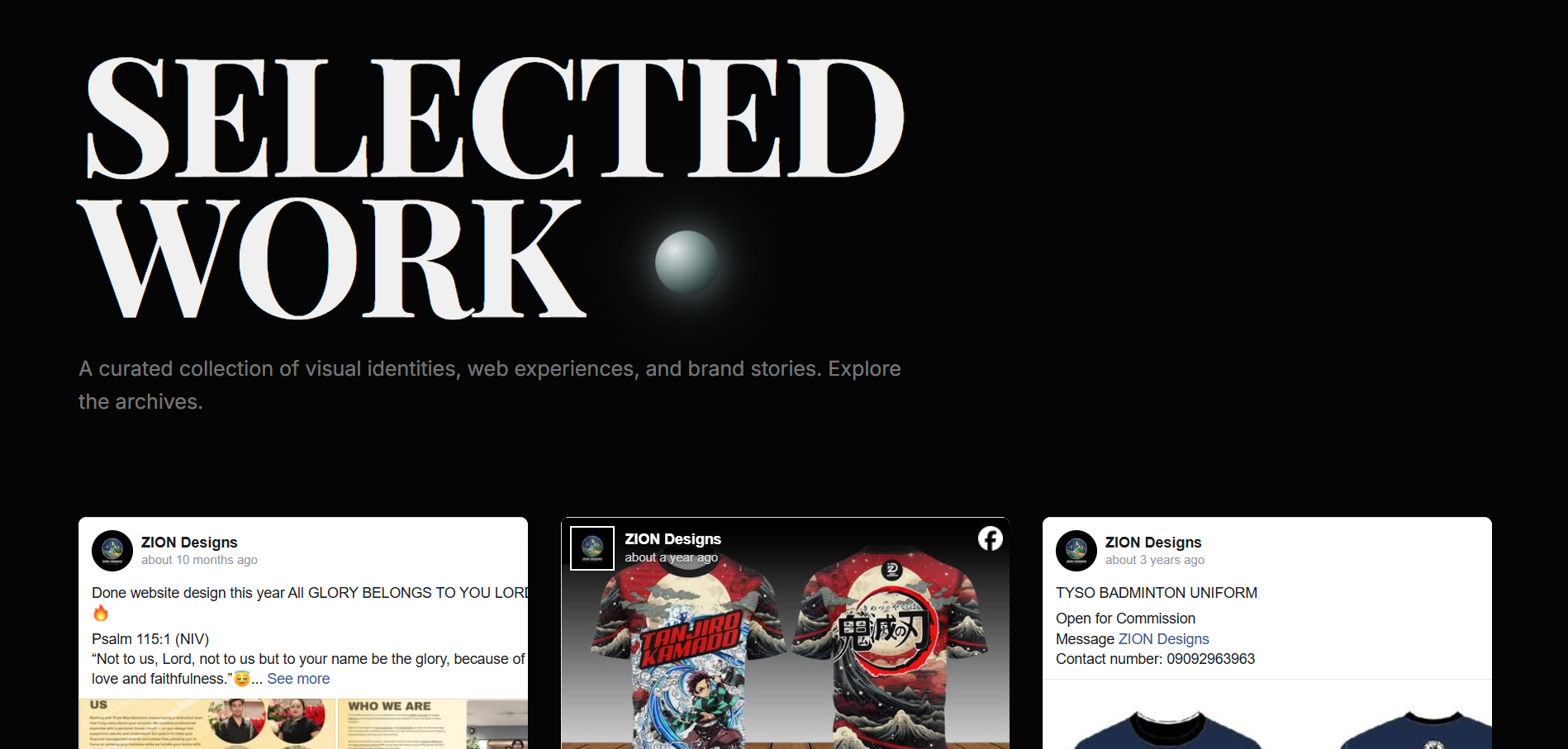 Jerome selected work section showing ZION Designs project posts