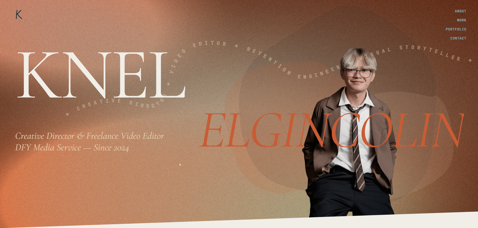 Knel desktop hero screenshot with editorial portfolio art direction