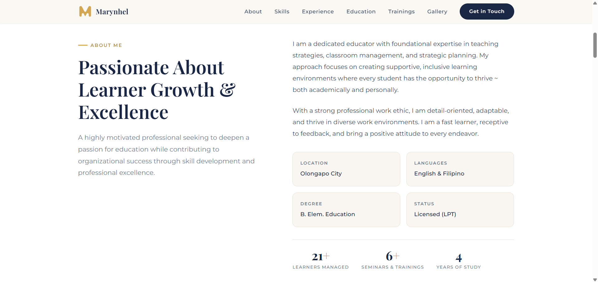 Marynhel about section with degree, location and languages