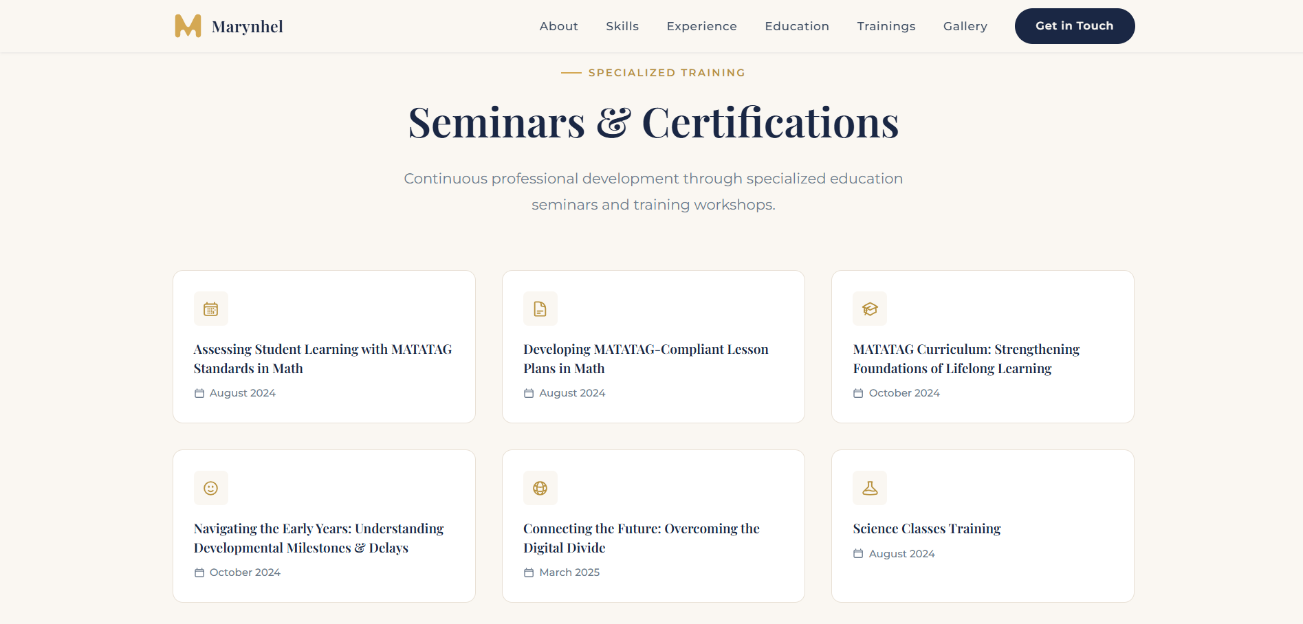 Marynhel seminars and certifications section