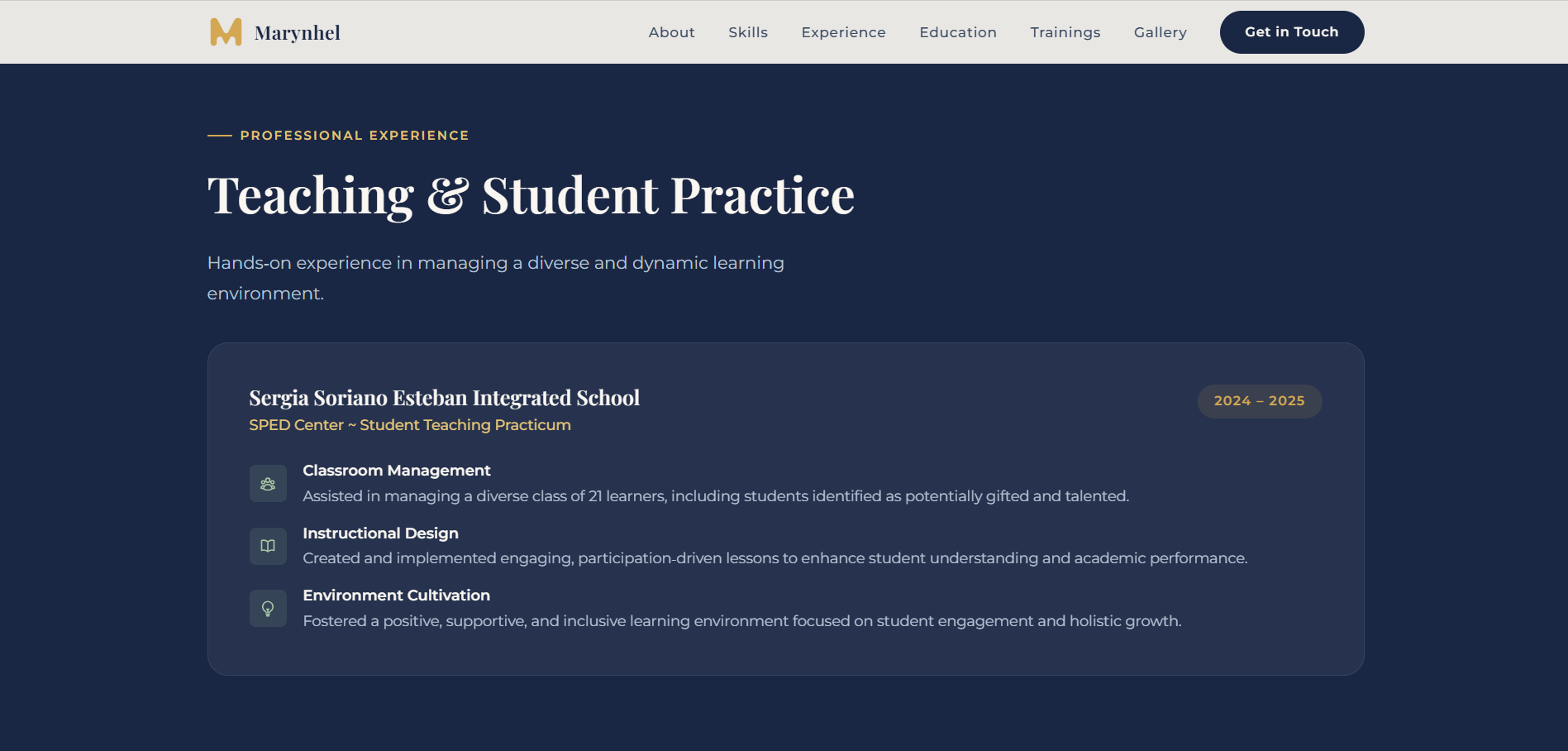 Marynhel teaching and student-practice experience section