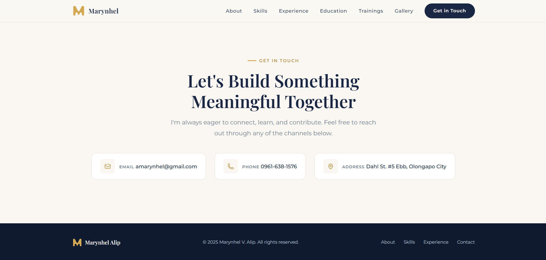 Marynhel contact section and footer