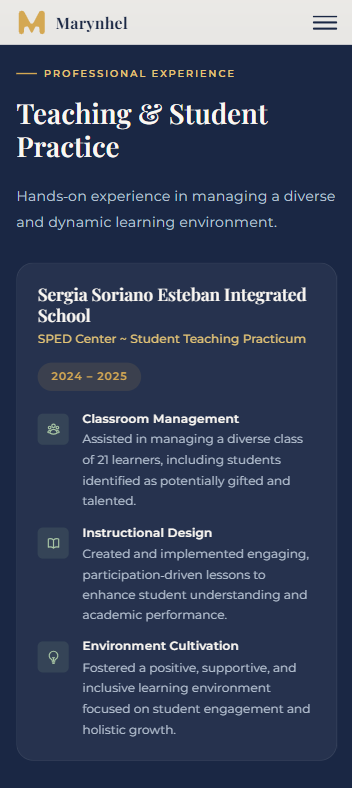 Marynhel teaching experience section on mobile