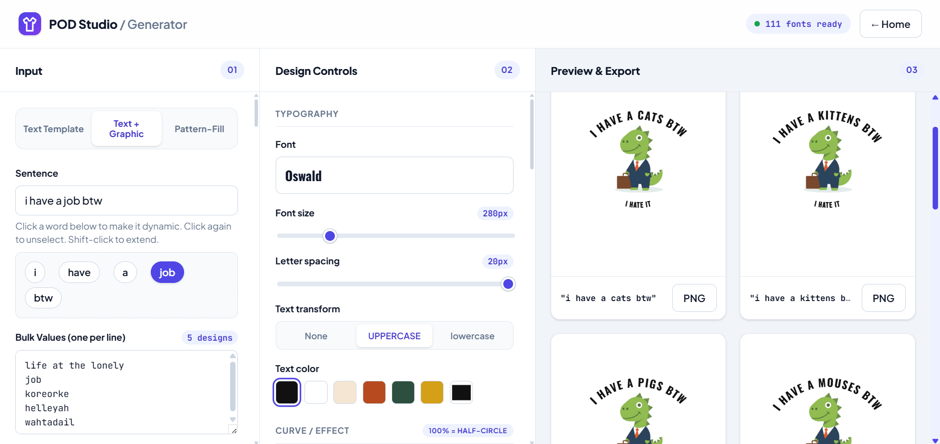 POD Generator editor with input, design controls, and export preview